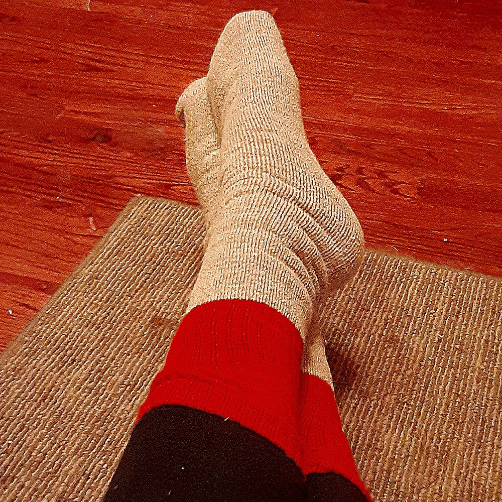 Grey and red one size fits most warm Santa socks